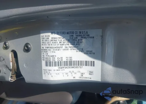 2003 Ford Focus Se z USA, uszkodzony, nr VIN 1FAFP34Z03W285757